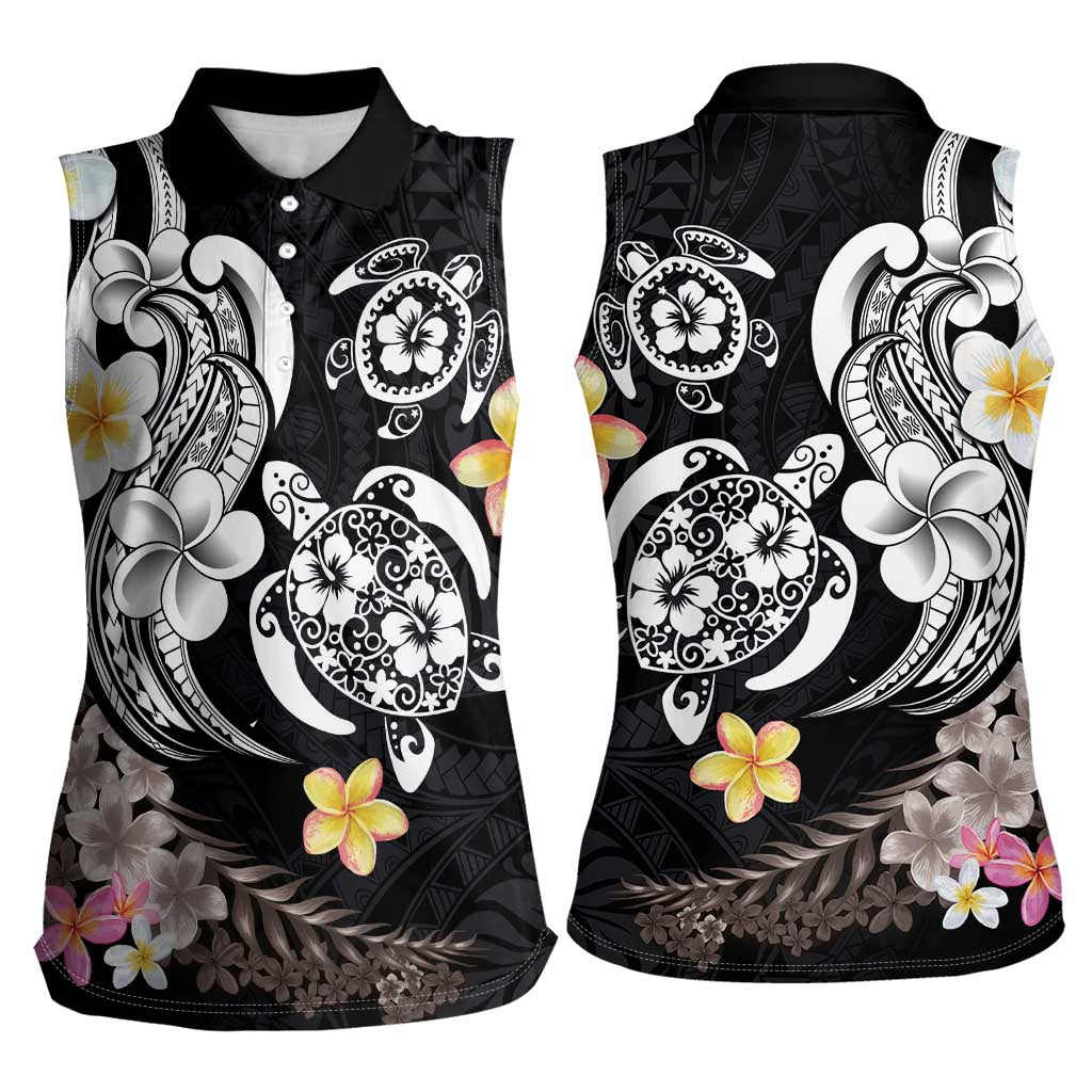 Hawaiian Tropical Plumeria Turtles Women Sleeveless Polo Shirt Polynesian Art Tattoo