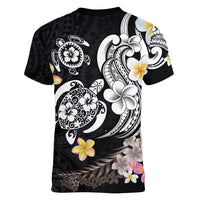 Hawaiian Tropical Plumeria Turtles Women V-Neck T-Shirt Polynesian Art Tattoo