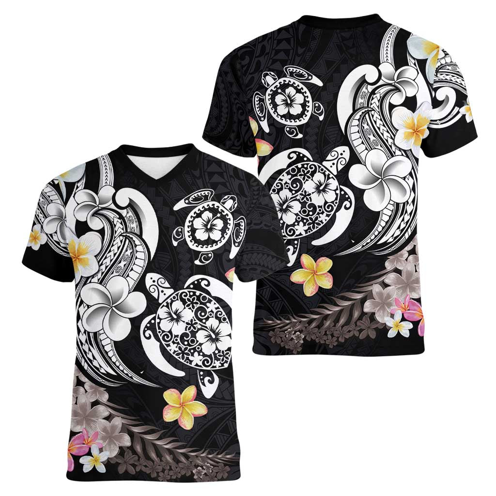 Hawaiian Tropical Plumeria Turtles Women V-Neck T-Shirt Polynesian Art Tattoo