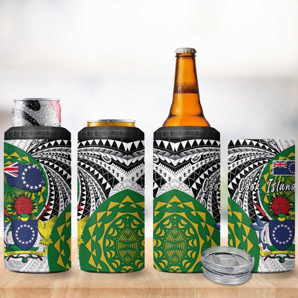 Cook Islands Independence Day 4 in 1 Can Cooler Tumbler National Flag and Emblem with Tatau Tattoo
