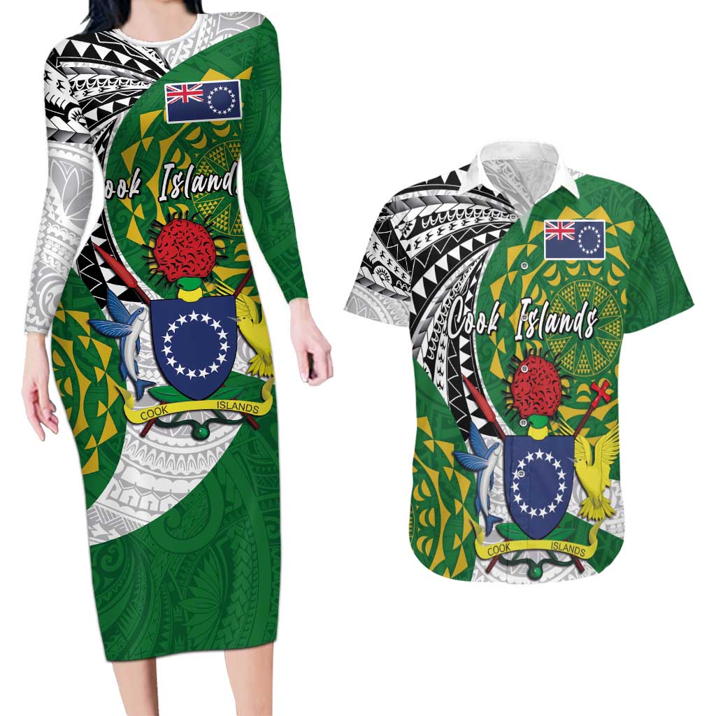 Cook Islands Independence Day Couples Matching Long Sleeve Bodycon Dress and Hawaiian Shirt National Flag and Emblem with Tatau Tattoo LT03 No Dress - Polynesian Pride