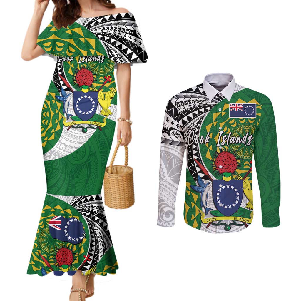 Cook Islands Independence Day Couples Matching Mermaid Dress and Long Sleeve Button Shirt National Flag and Emblem with Tatau Tattoo LT03 No Dress - Polynesian Pride
