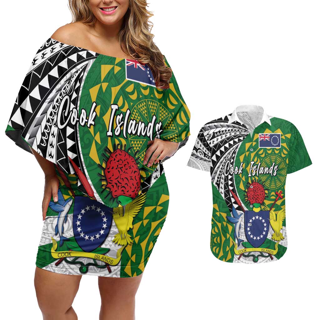 Cook Islands Independence Day Couples Matching Off Shoulder Short Dress and Hawaiian Shirt National Flag and Emblem with Tatau Tattoo LT03 No Dress - Polynesian Pride