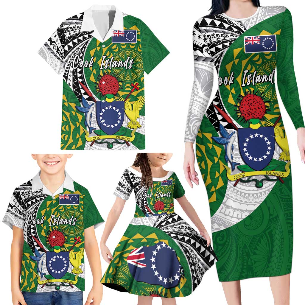 Cook Islands Independence Day Family Matching Long Sleeve Bodycon Dress and Hawaiian Shirt National Flag and Emblem with Tatau Tattoo LT03 - Polynesian Pride
