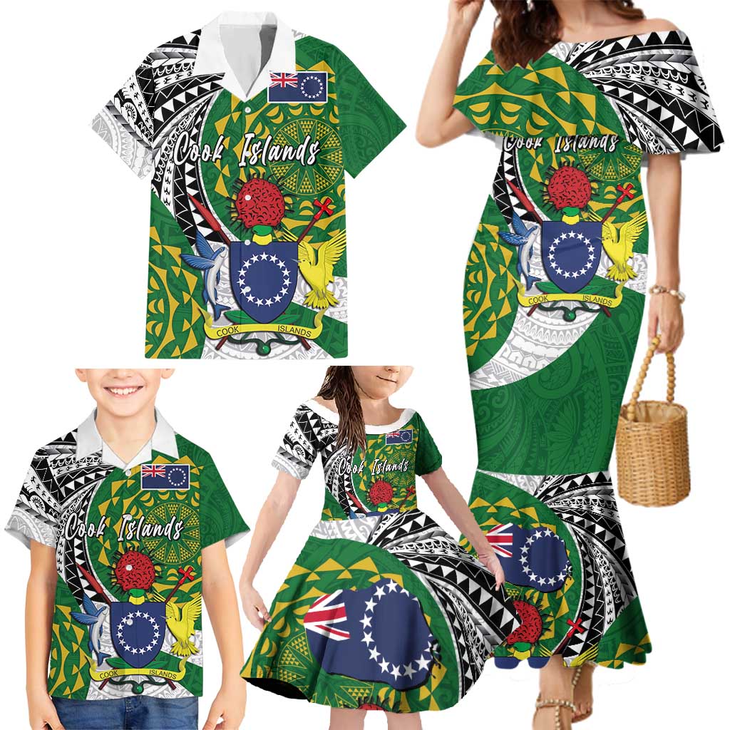 Cook Islands Independence Day Family Matching Mermaid Dress and Hawaiian Shirt National Flag and Emblem with Tatau Tattoo LT03 - Polynesian Pride