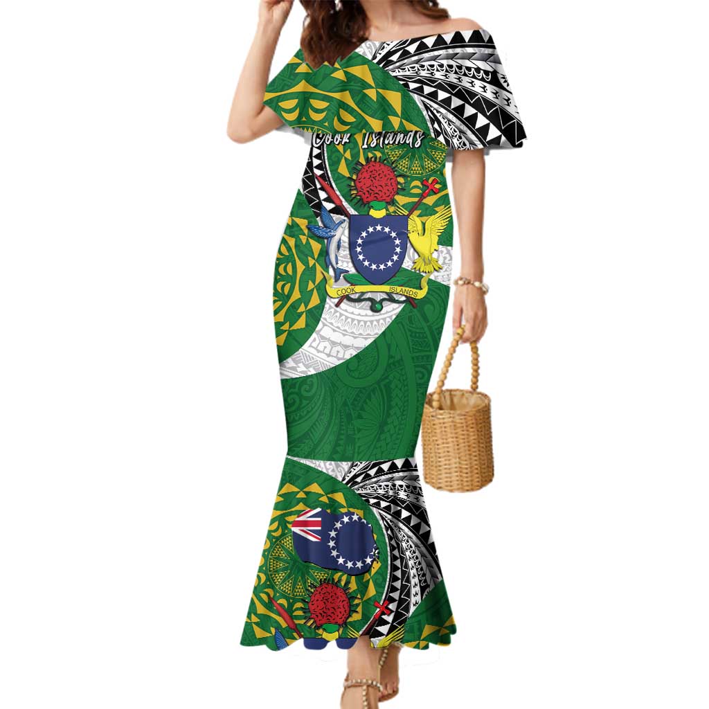 Cook Islands Independence Day Family Matching Mermaid Dress and Hawaiian Shirt National Flag and Emblem with Tatau Tattoo