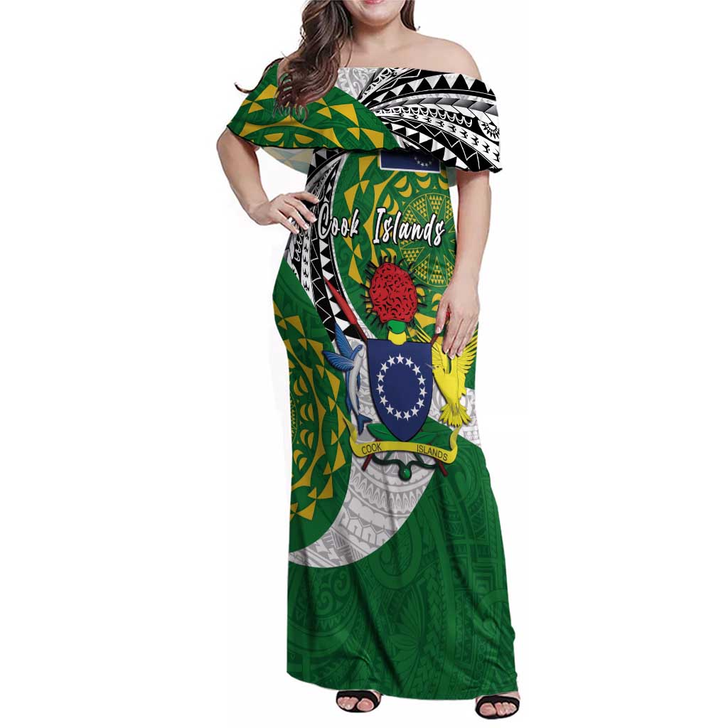 Cook Islands Independence Day Family Matching Off Shoulder Maxi Dress and Hawaiian Shirt National Flag and Emblem with Tatau Tattoo