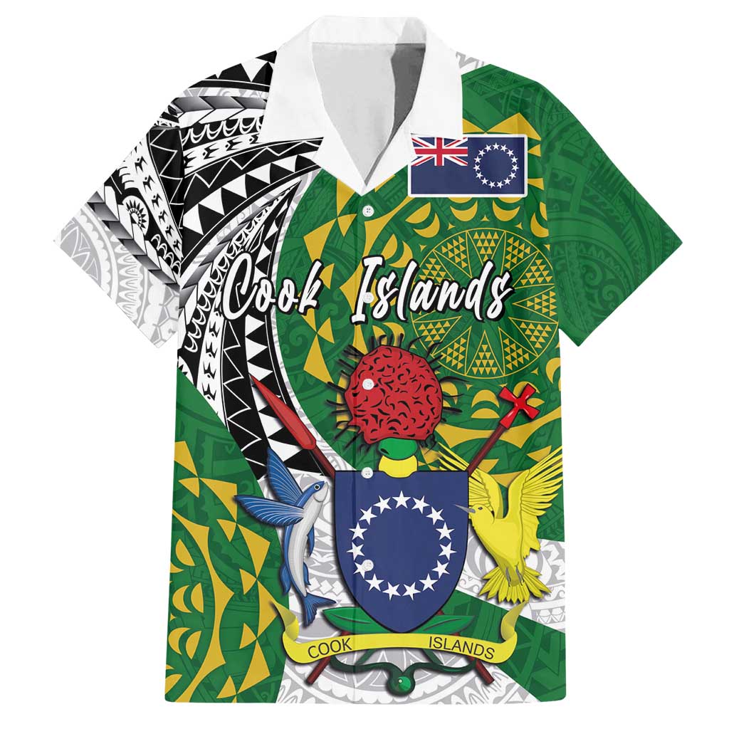 Cook Islands Independence Day Family Matching Off Shoulder Short Dress and Hawaiian Shirt National Flag and Emblem with Tatau Tattoo