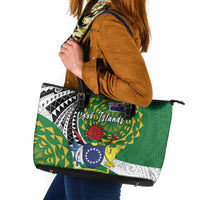 Cook Islands Independence Day Leather Tote Bag National Flag and Emblem with Tatau Tattoo
