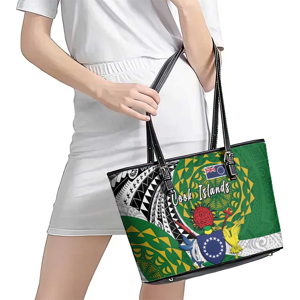 Cook Islands Independence Day Leather Tote Bag National Flag and Emblem with Tatau Tattoo