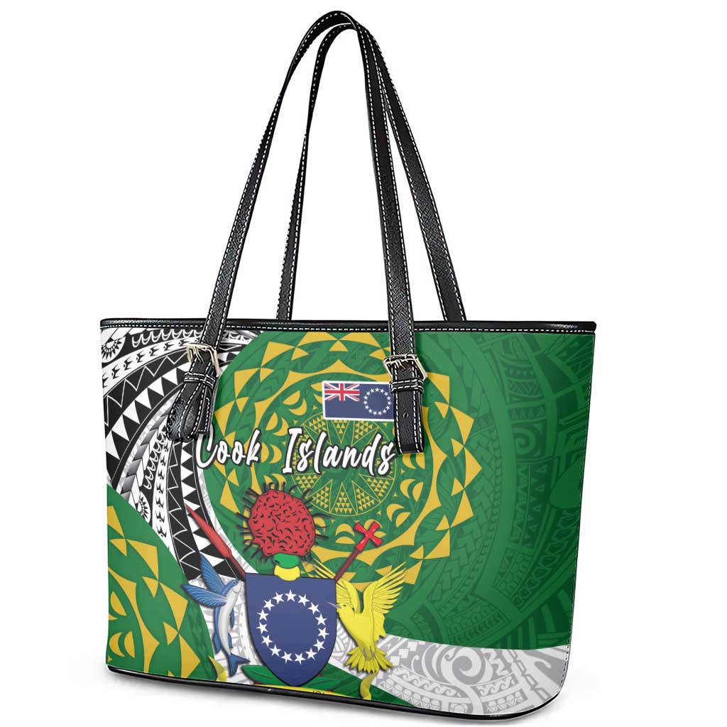 Cook Islands Independence Day Leather Tote Bag National Flag and Emblem with Tatau Tattoo