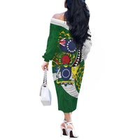 Cook Islands Independence Day Off The Shoulder Long Sleeve Dress National Flag and Emblem with Tatau Tattoo