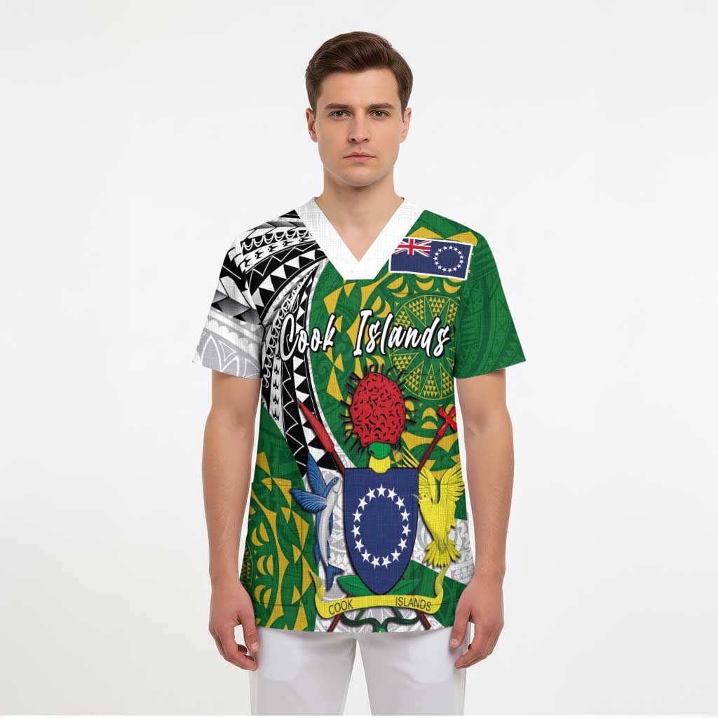 Cook Islands Independence Day Scrub Top National Flag and Emblem with Tatau Tattoo - Polynesian Pride