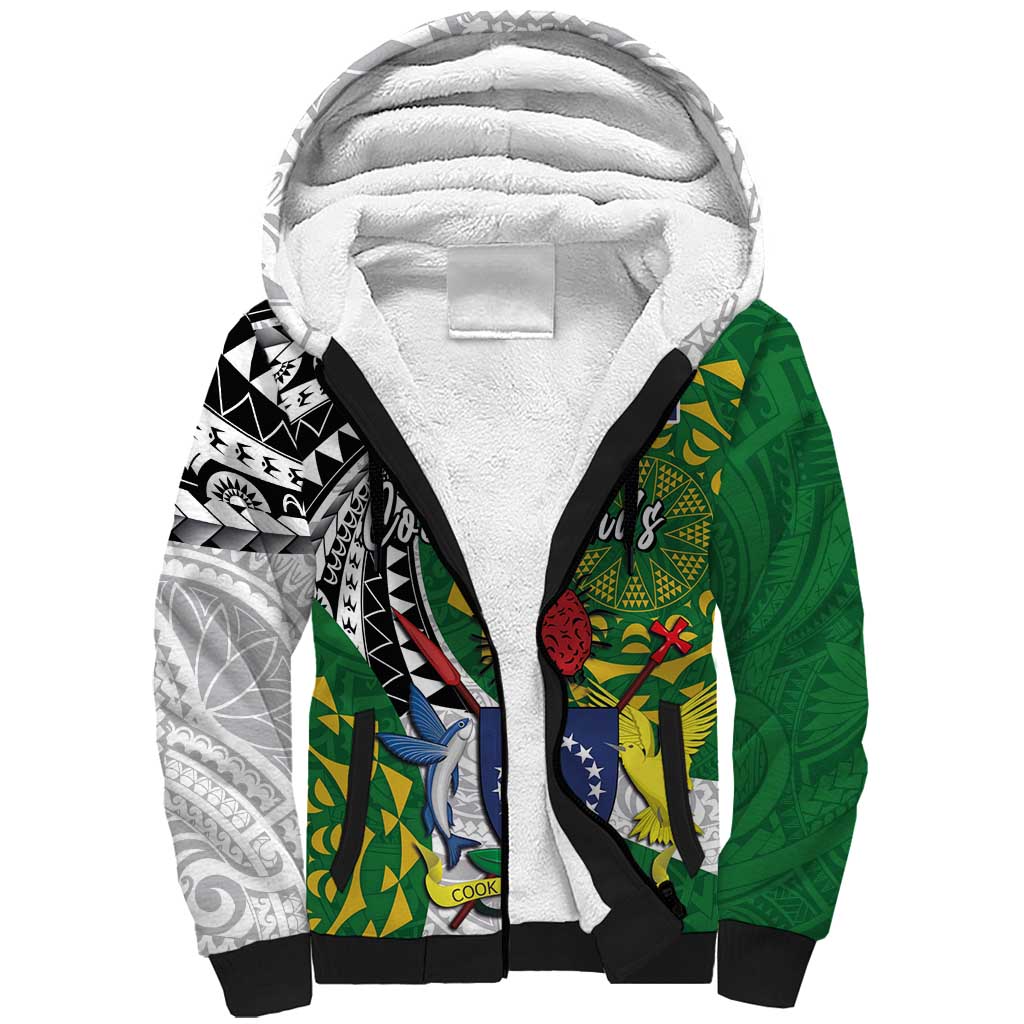 Cook Islands Independence Day Sherpa Hoodie National Flag and Emblem with Tatau Tattoo LT03 Unisex - Polynesian Pride