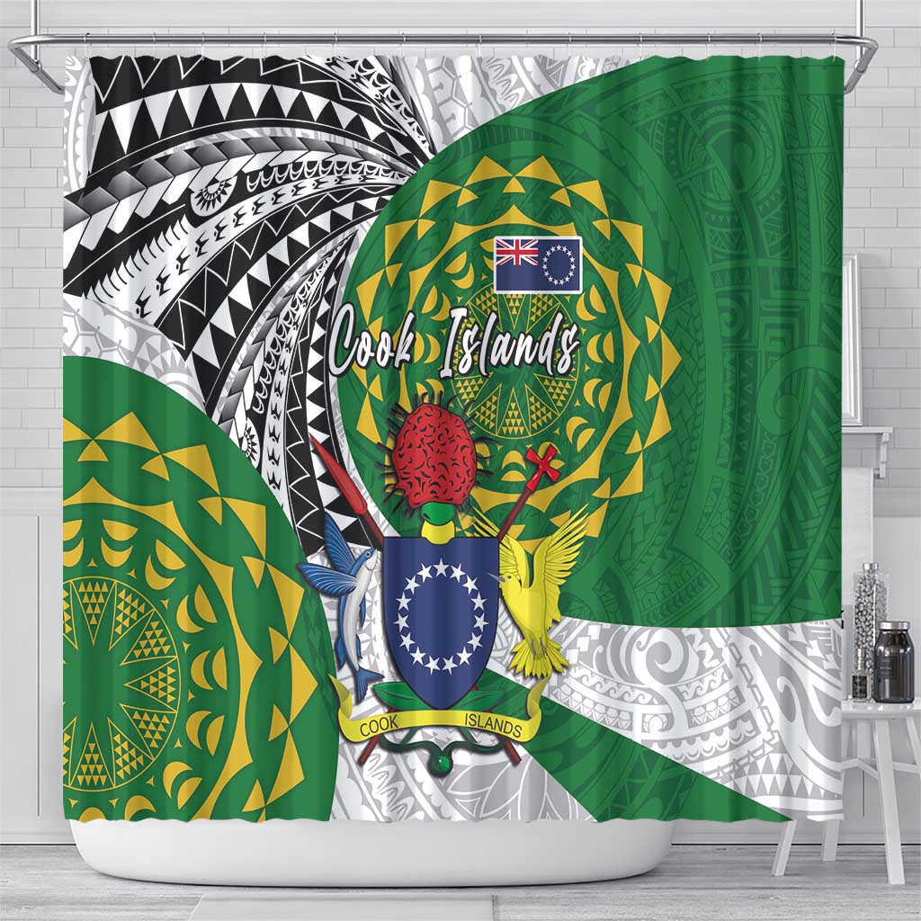 Cook Islands Independence Day Shower Curtain National Flag and Emblem with Tatau Tattoo