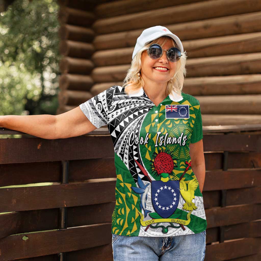 Cook Islands Independence Day Women Polo Shirt National Flag and Emblem with Tatau Tattoo