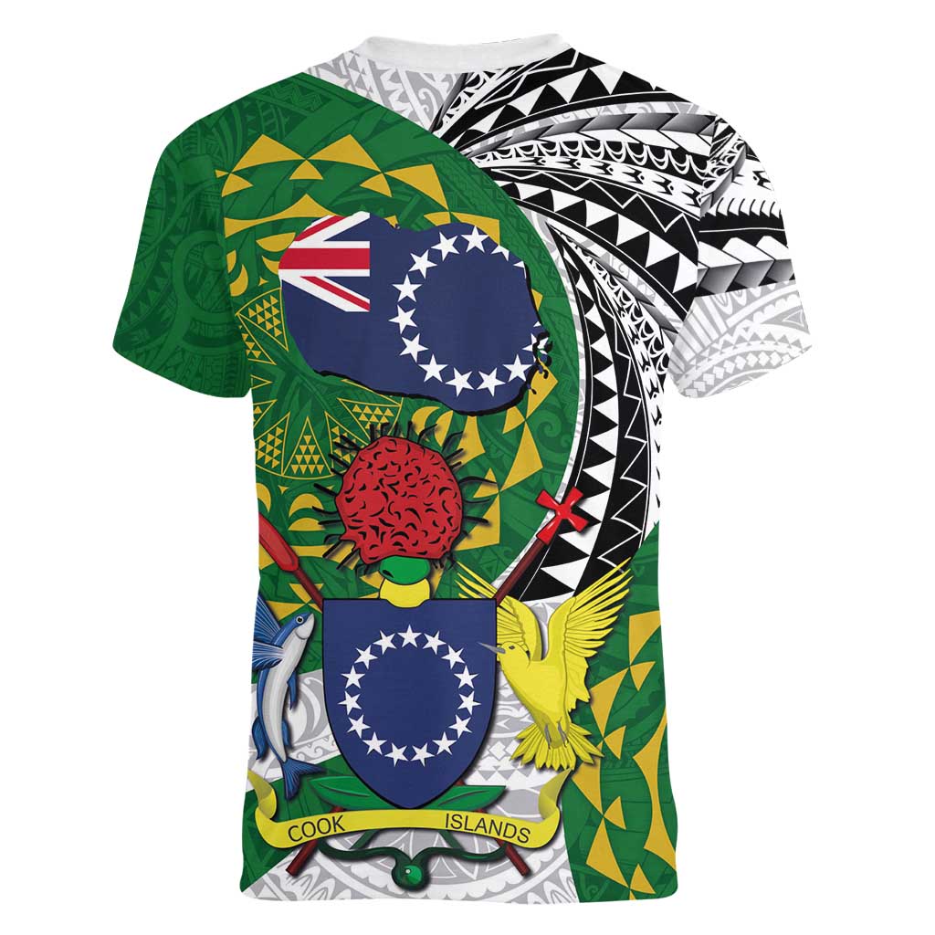 Cook Islands Independence Day Women V-Neck T-Shirt National Flag and Emblem with Tatau Tattoo