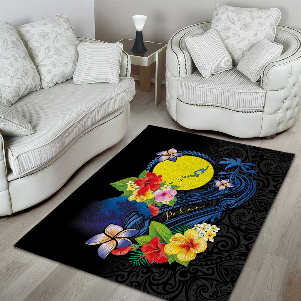 Palau Independence Day Area Rug Melanesian Tattoo with Hibiscus