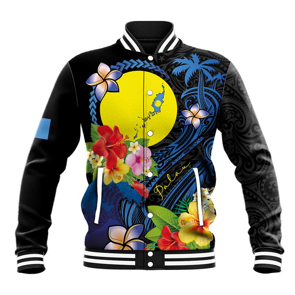 Palau Independence Day Baseball Jacket Melanesian Tattoo with Hibiscus