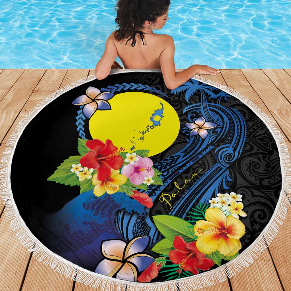 Palau Independence Day Beach Blanket Melanesian Tattoo with Hibiscus