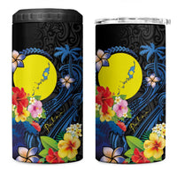 Palau Independence Day 4 in 1 Can Cooler Tumbler Melanesian Tattoo with Hibiscus