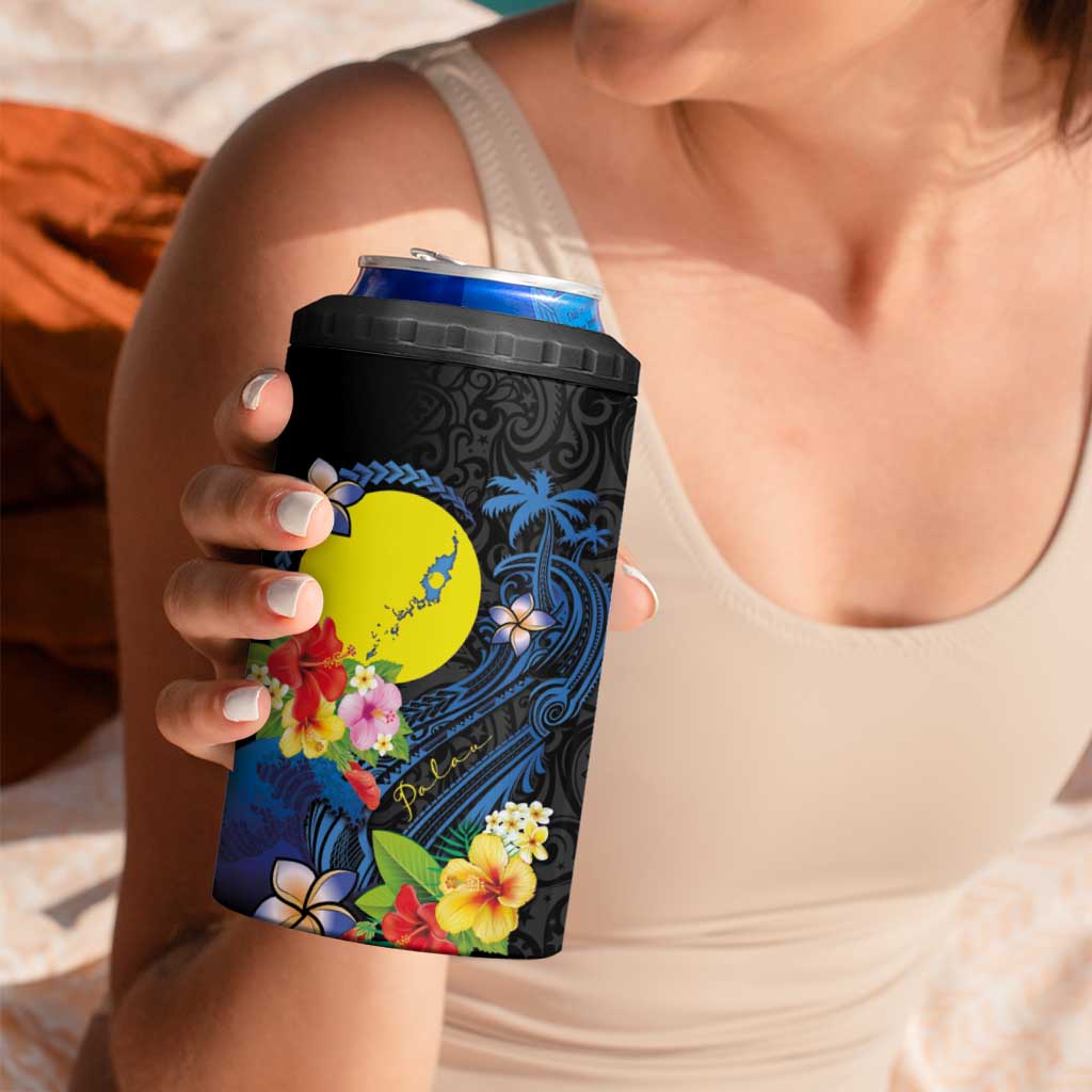 Palau Independence Day 4 in 1 Can Cooler Tumbler Melanesian Tattoo with Hibiscus