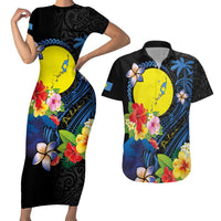 Palau Independence Day Couples Matching Short Sleeve Bodycon Dress and Hawaiian Shirt Melanesian Tattoo with Hibiscus