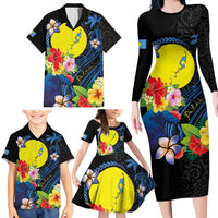 Palau Independence Day Family Matching Long Sleeve Bodycon Dress and Hawaiian Shirt Melanesian Tattoo with Hibiscus