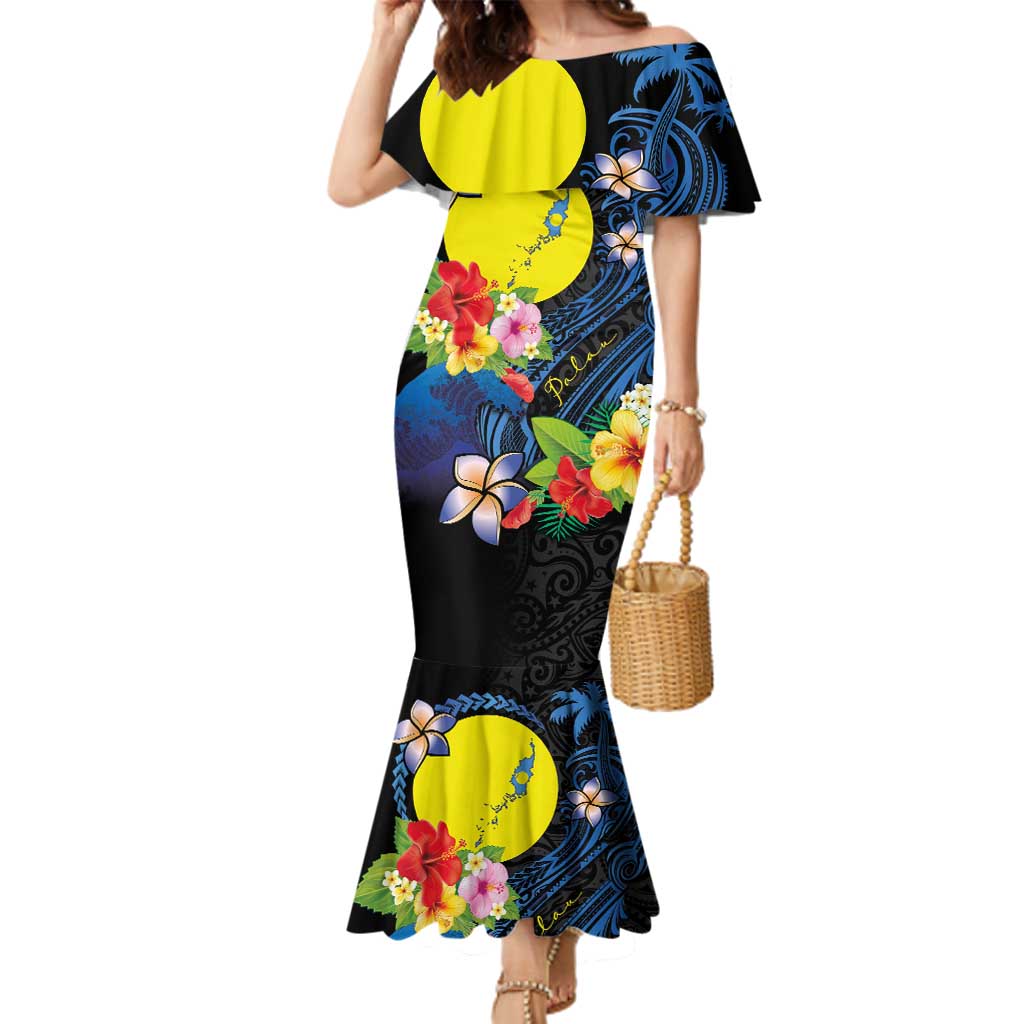 Palau Independence Day Family Matching Mermaid Dress and Hawaiian Shirt Melanesian Tattoo with Hibiscus