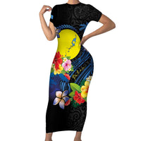 Palau Independence Day Family Matching Short Sleeve Bodycon Dress and Hawaiian Shirt Melanesian Tattoo with Hibiscus