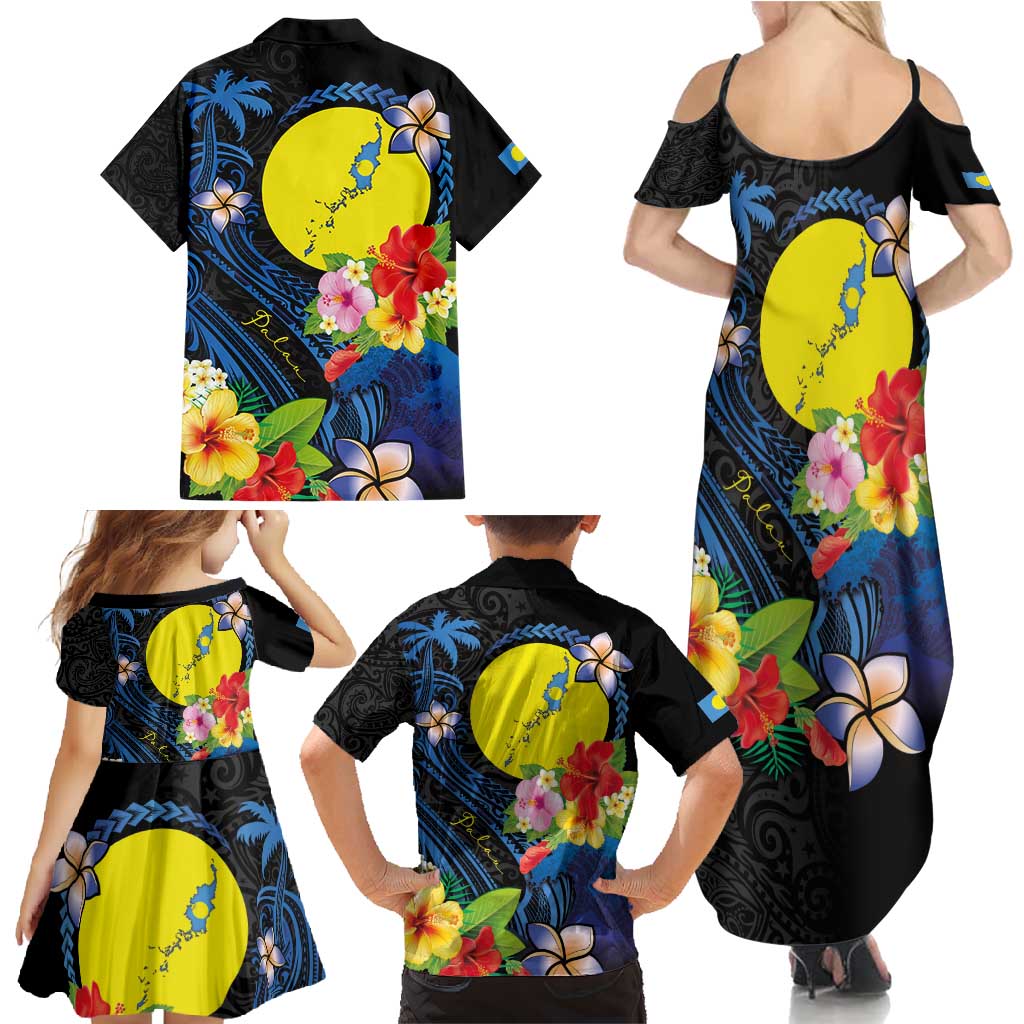 Palau Independence Day Family Matching Summer Maxi Dress and Hawaiian Shirt Melanesian Tattoo with Hibiscus