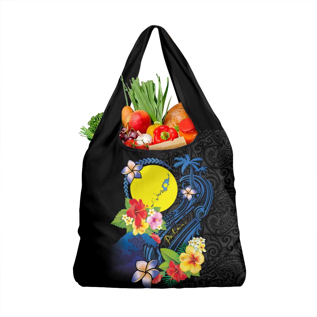 Palau Independence Day Grocery Bag Melanesian Tattoo with Hibiscus