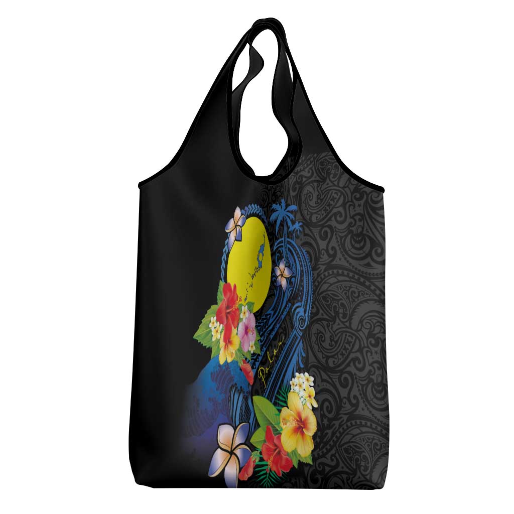 Palau Independence Day Grocery Bag Melanesian Tattoo with Hibiscus