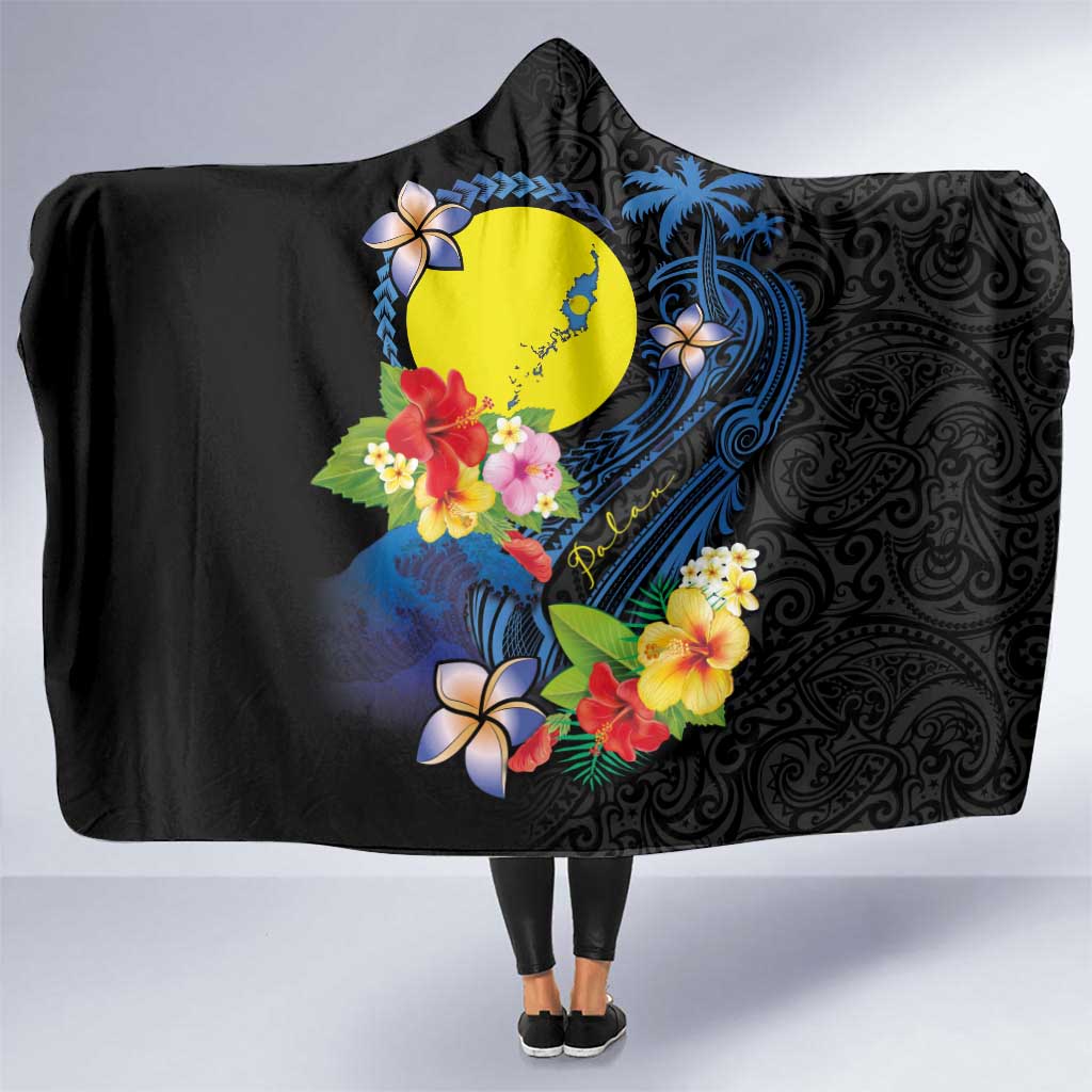 Palau Independence Day Hooded Blanket Melanesian Tattoo with Hibiscus