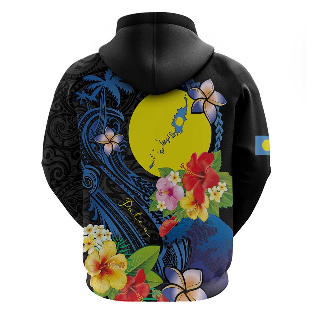 Palau Independence Day Hoodie Melanesian Tattoo with Hibiscus
