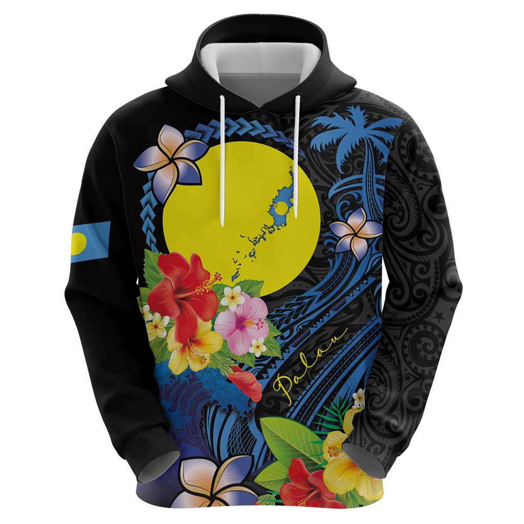 Palau Independence Day Hoodie Melanesian Tattoo with Hibiscus