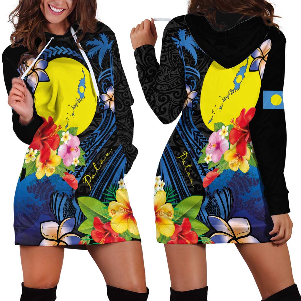Palau Independence Day Hoodie Dress Melanesian Tattoo with Hibiscus