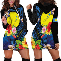 Palau Independence Day Hoodie Dress Melanesian Tattoo with Hibiscus