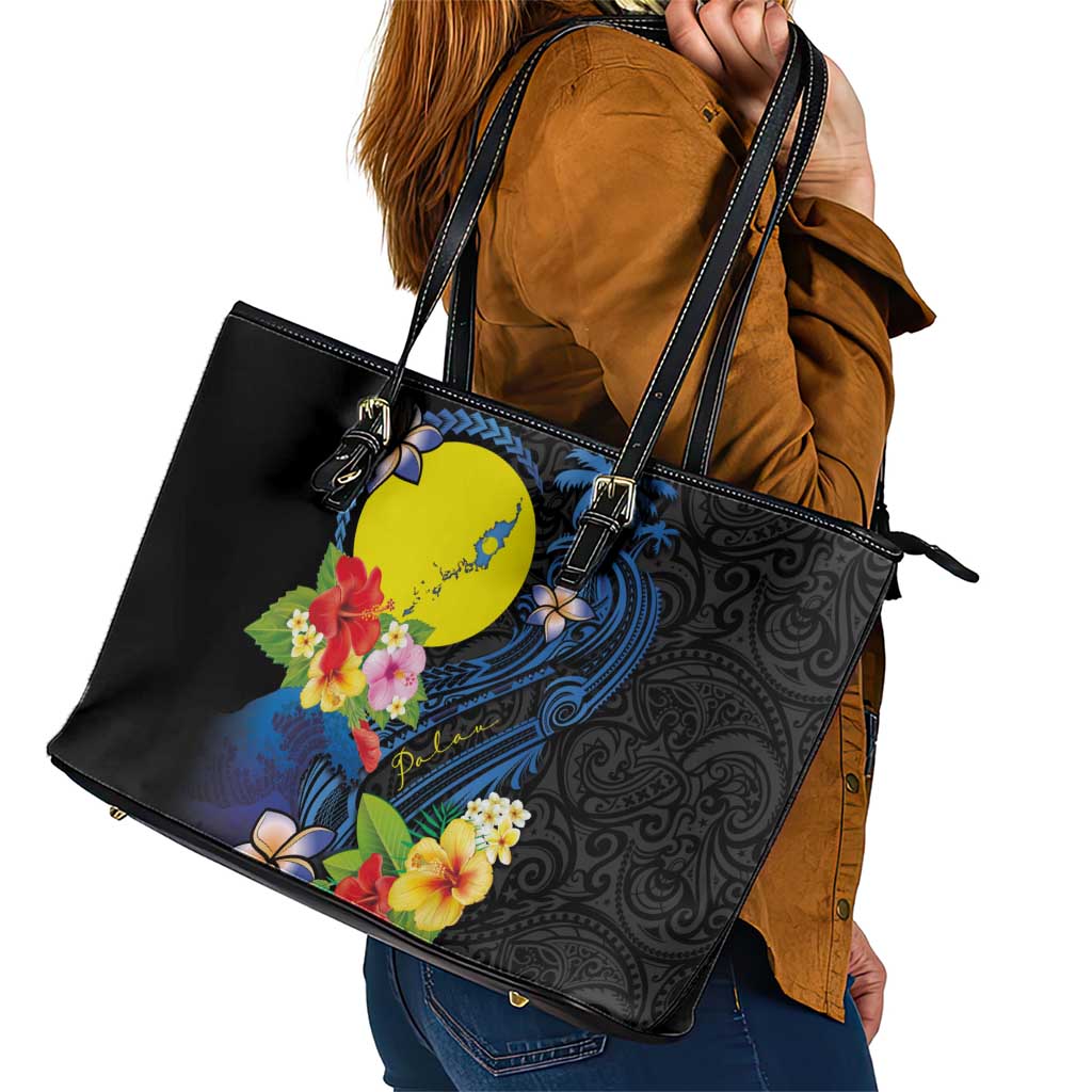 Palau Independence Day Leather Tote Bag Melanesian Tattoo with Hibiscus