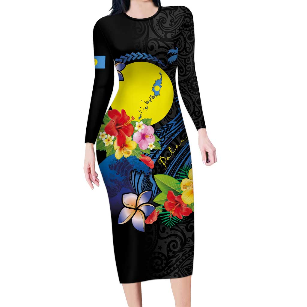 Palau Independence Day Long Sleeve Bodycon Dress Melanesian Tattoo with Hibiscus