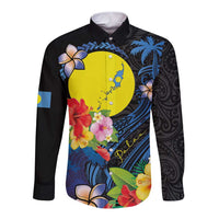 Palau Independence Day Long Sleeve Button Shirt Melanesian Tattoo with Hibiscus