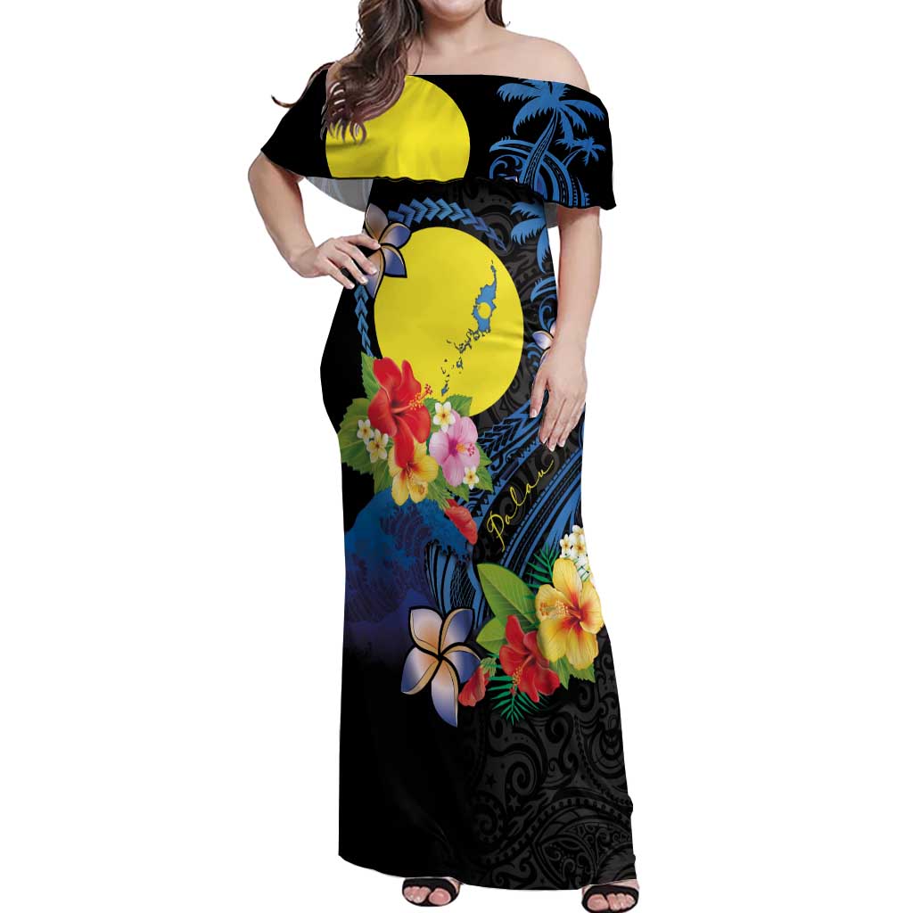 Palau Independence Day Off Shoulder Maxi Dress Melanesian Tattoo with Hibiscus