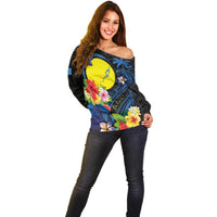Palau Independence Day Off Shoulder Sweater Melanesian Tattoo with Hibiscus