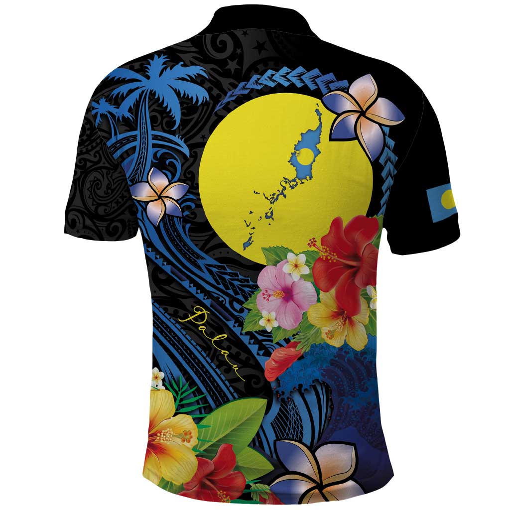 Palau Independence Day Polo Shirt Melanesian Tattoo with Hibiscus