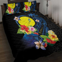 Palau Independence Day Quilt Bed Set Melanesian Tattoo with Hibiscus