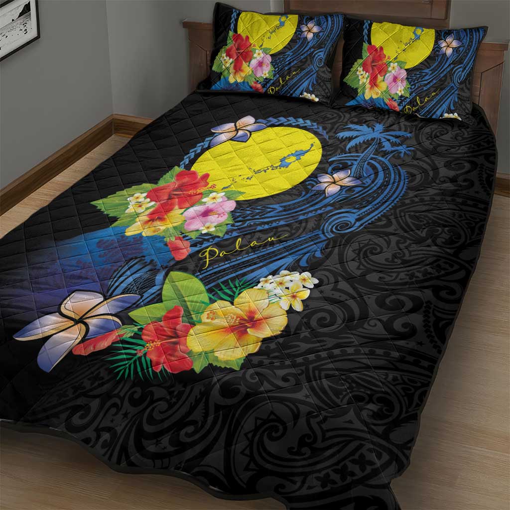 Palau Independence Day Quilt Bed Set Melanesian Tattoo with Hibiscus
