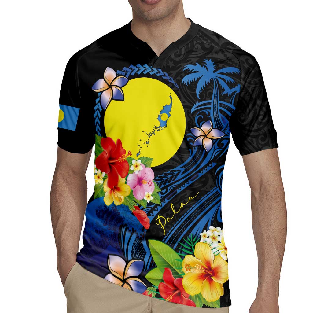 Palau Independence Day Rugby Jersey Melanesian Tattoo with Hibiscus