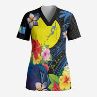 Palau Independence Day Scrub Top Melanesian Tattoo with Hibiscus - Polynesian Pride