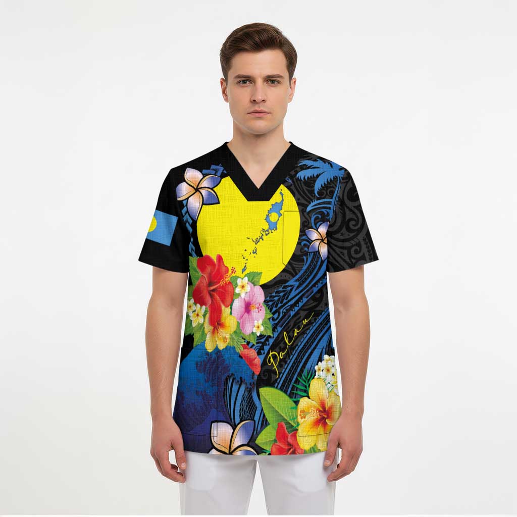 Palau Independence Day Scrub Top Melanesian Tattoo with Hibiscus - Polynesian Pride