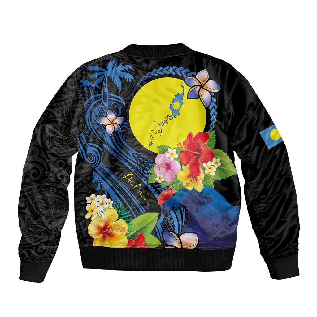 Palau Independence Day Sleeve Zip Bomber Jacket Melanesian Tattoo with Hibiscus